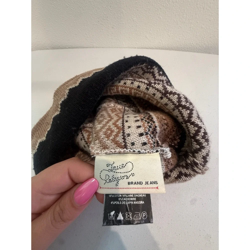 True Religion Fair Isle Knit Beanie Brown Tan Black Lambswool Cashmere Blend Hat